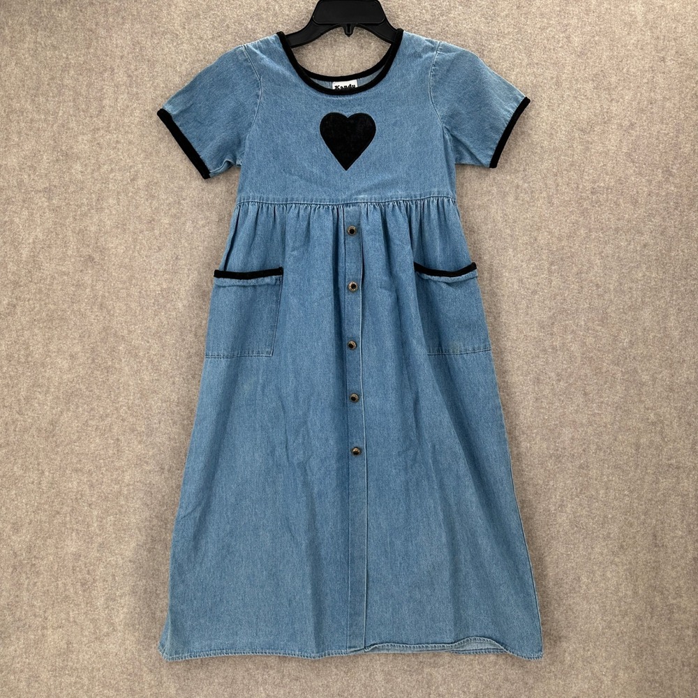 VTG Kandy Kiss Denim Dress Girls Size 10 Heart Applique‎ Button Front Pockets